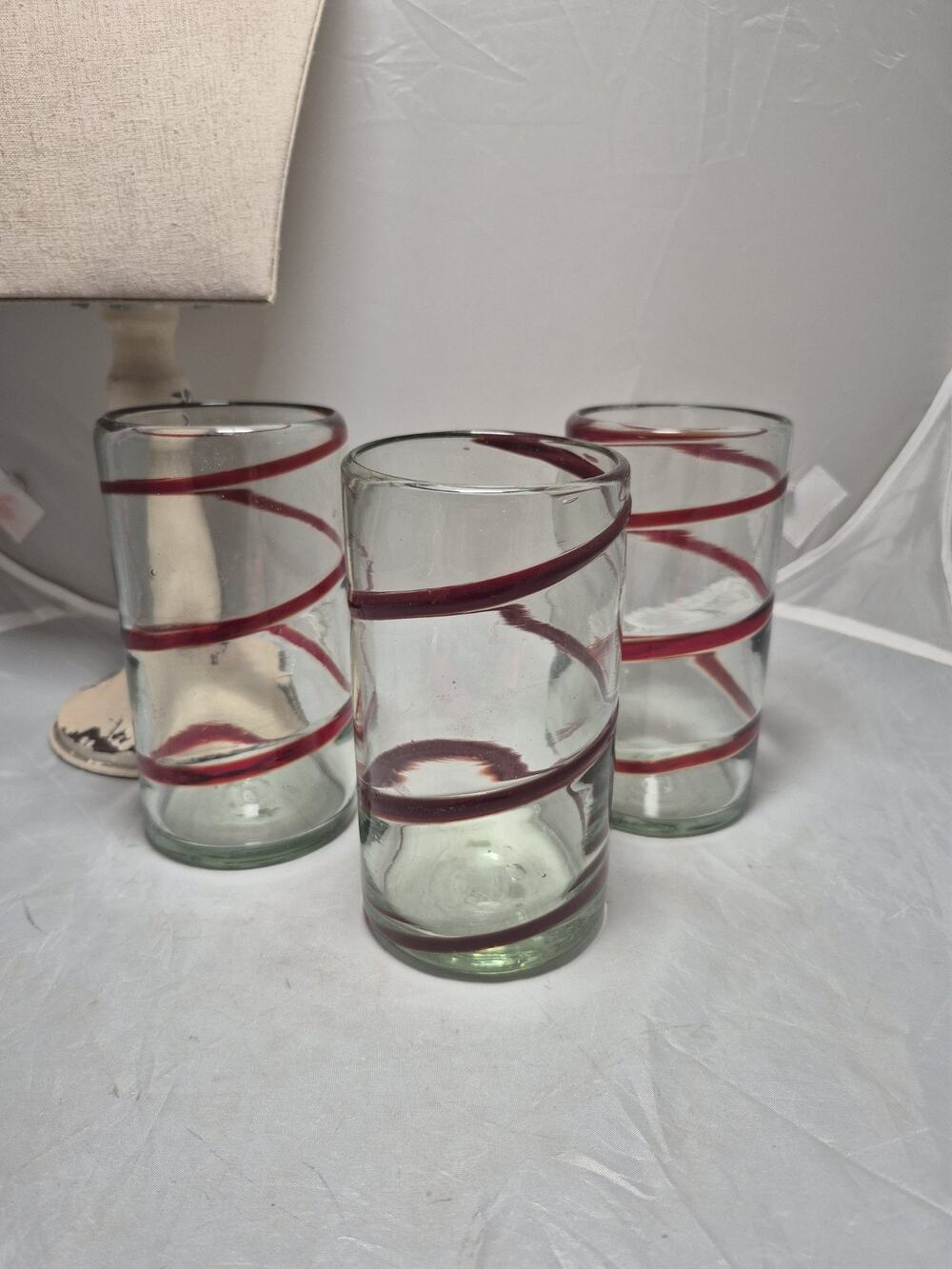 💥 POTTERY BARN "Red Ribbon" Handcrafted 6" Tall Highball Drink Glasses Set 3